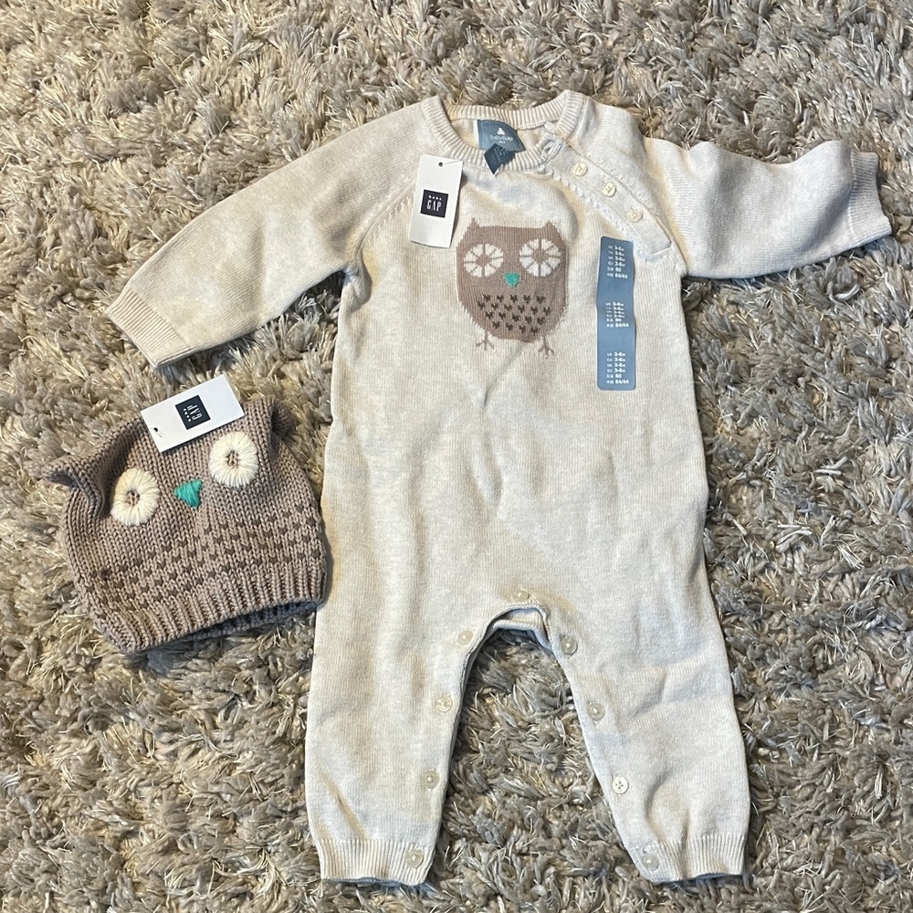Baby Gap Cozy Owl Knit 2 Piece Set - Cream and Brown
